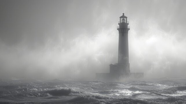   A monochrome image of a lighthouse standing solitarily amidst a vast expanse of water, surrounded by crashing waves