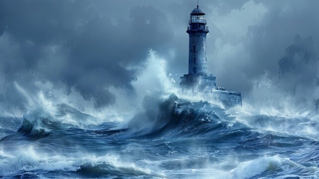   A lighthouse painted in the heart of a vast water expanse, its silhouette framed by an oversized wave