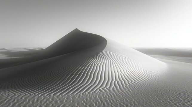   A monochrome image of a solitary sand dune in the heart of the desert, sun distant
