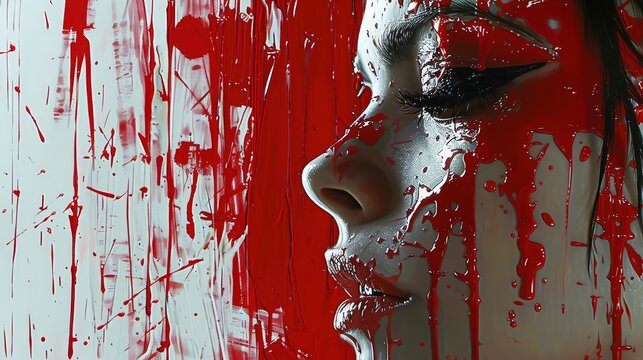   A woman's face, tightly framed, is juxtaposed against a backdrop of red paint smears on the wall behind
