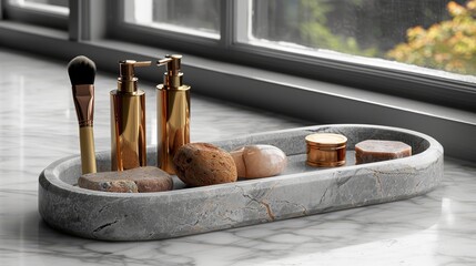   A marble tray holds three distinct makeup brush types and a jar containing soap and lotion on a sunlit window sill - obrazy, fototapety, plakaty