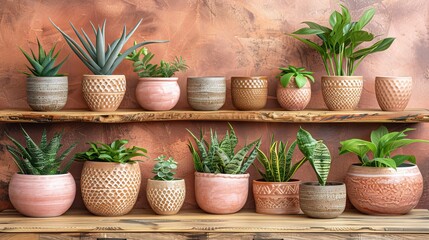   A row of potted plants sits atop a wooden shelf against a brown and pink wall