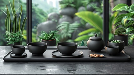   A table is topped with a tray bearing cups and saucers, situated near a window teeming with verdant plants - obrazy, fototapety, plakaty