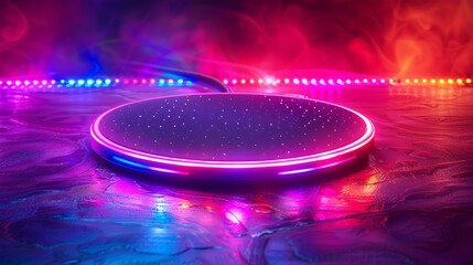   A tight shot of a Frisbee on a table against a backdrop of colorfully lit room, blurred background