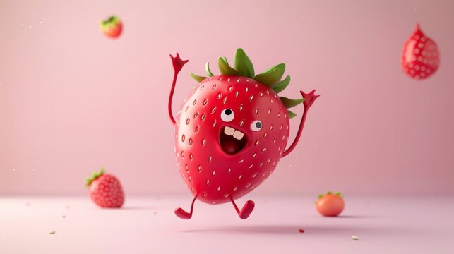 Strawberry cartoon character joyfully dancing against a soft pink backdrop