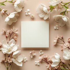 A square greeting card mockup with a beautiful floral frame of white and pink cherry blossoms on a beige background.