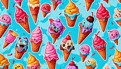 Fun and refreshing ice cream cones on a blue background.