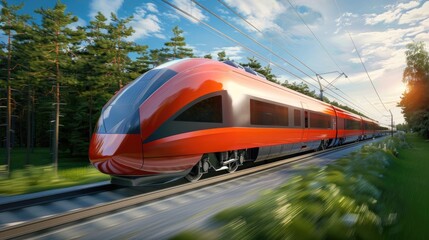 Fototapeta premium Train Travel with beautiful nature. train on the railway station. Traveling by train in the city. Eco-Friendly Public Transit