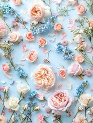 A variety of flowers arranged on a blue background.