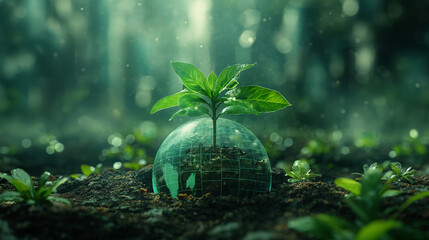Plant Life Sprouts in Glass Globe - obrazy, fototapety, plakaty