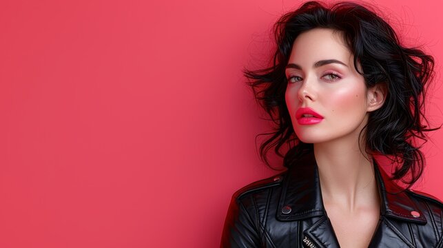   A person in a black leather jacket is tightly framed against a vibrant red backdrop Behind them, a pink wall subtly adds depth to the scene