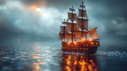   A pirate ship floats on a serene body of water beneath a full moon's glow - obrazy, fototapety, plakaty