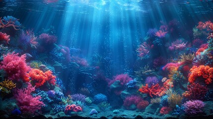 Fototapeta na wymiar sunlight streams through water, illuminating corals on seabed