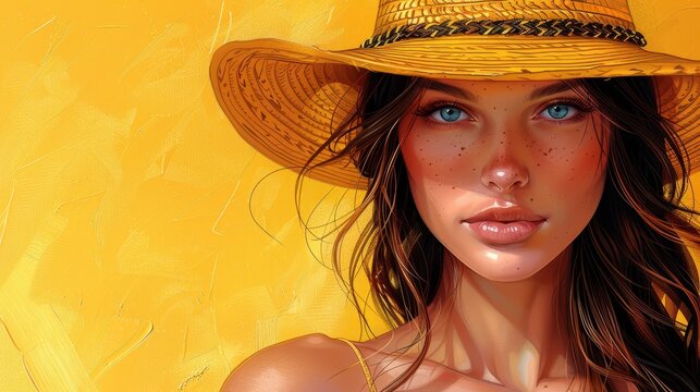  A painting of a woman in a yellow hat, adorned with freckles on her face and shoulders