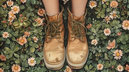   A tight shot of footwear amidst a blooming field of flowers and leaves