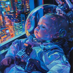 Illustrate an oil painting of an infant cyborg in a serene neon-drenched environment, emphasizing a high-angle view to evoke a sense of wonder and technological marvel