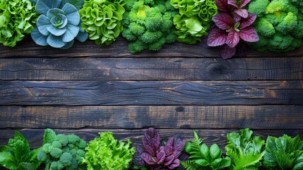   A wooden table is adorned with an array of vibrant flowers – mostly green and some purple – alongside broccoli and lettuce - obrazy, fototapety, plakaty