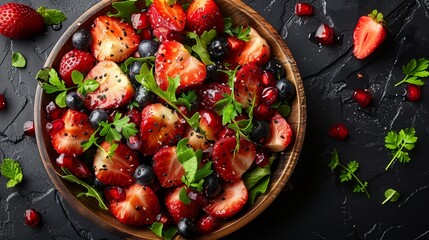   A bowl of strawberries, blueberries, raspberries, and more strawberries on a black tabletop