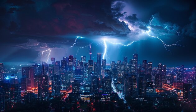 A city skyline is lit up with neon lights and the sky is filled with lightning by AI generated image