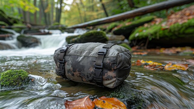   A duffel bag atop a boulder in a river, encircled by drifting leaves, with a fallen tree branch nearby