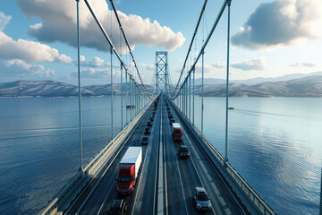 Bridge to Stability A sturdy bridge spanning a vast gap, with cars and trucks crossing smoothly, representing financial stability and navigating economic challenges - obrazy, fototapety, plakaty