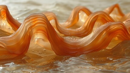   A tight shot of an undulating orange object submerged in water, with water beads clinging to its base and the upper half of the wavy form positioned centrally - obrazy, fototapety, plakaty