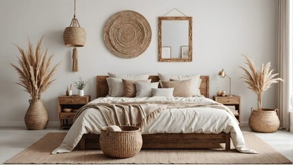 House interior backdrop, warm white bedroom with brilliant furnishings natural wooden tables, contemporary style, living room interior with sofa