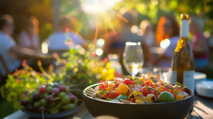 Sunlit Outdoor Dinner Party: Freshly Grilled or fresh 
Vegetables on Wooden Table