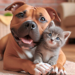Cute little kitten and American staffordshire terrier together at home - obrazy, fototapety, plakaty