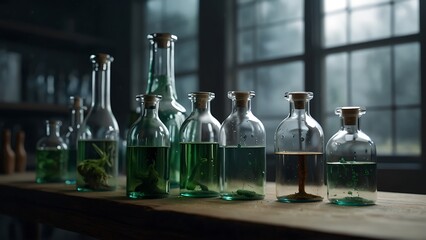 Laboratory Glassware and Equipment with Liquids for Science Experiments