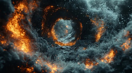   A vortex of fire and water against a backdrop of dark blue and yellow, featuring white cloud formations - obrazy, fototapety, plakaty