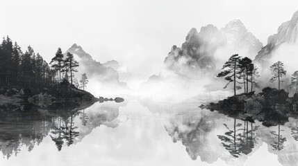   A monochrome image of mountaineous terrain with a lake in front and tree-covered backdrop