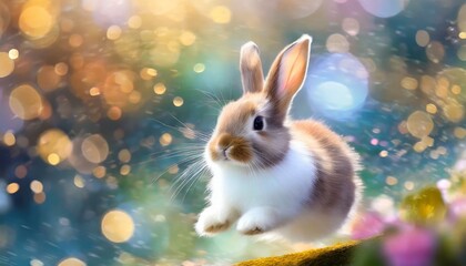 A fluffy, bouncing cute rabbit gives a sense of realism and a gentle fairy-tale impression, creating a background that maximizes the visual effect.
