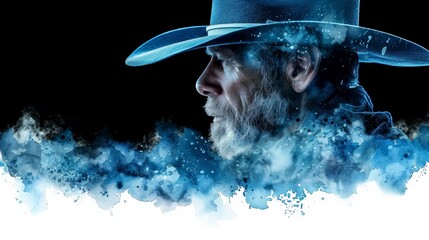   A painting of a man in a cowboy hat Blue smoke emanates from the side of his face against a backdrop of pure black