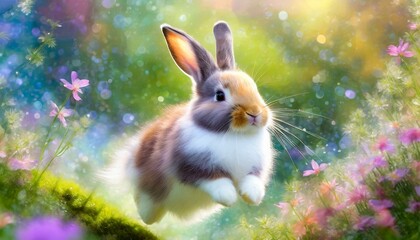 Fototapeta na wymiar A fluffy, bouncing cute rabbit gives a sense of realism and a gentle fairy-tale impression, creating a background that maximizes the visual effect.