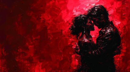   A man and woman embrace, lips meeting in a passionate kiss, against a deep red backdrop Behind them, a single red light casts an intense glow