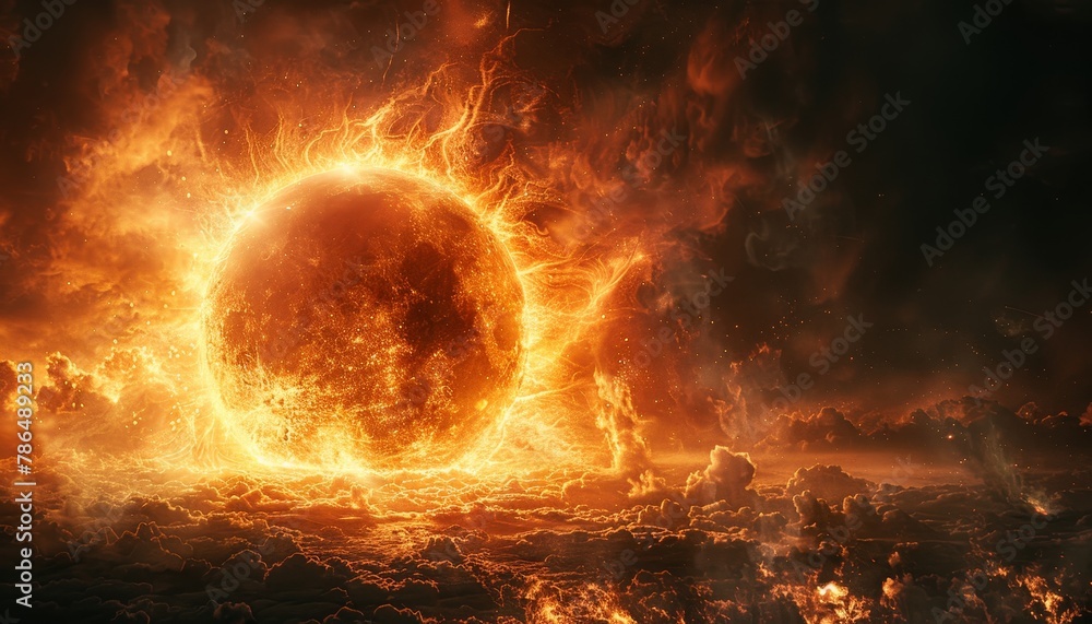 Canvas Prints a space scene with a large orange sun in the center and a blue sky with clouds by ai generated image