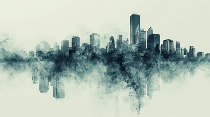   A monochrome image of a city skyline with considerable smoke rising from its tallest structures - obrazy, fototapety, plakaty