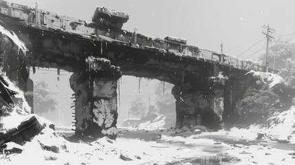   A monochrome image of a snow-covered bridge with power lines behind it