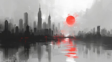  red sun at its heart, city mirror in the water - obrazy, fototapety, plakaty