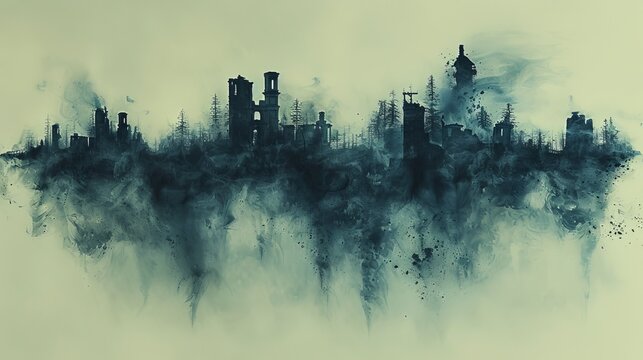  buildings and trees with smoke rising from their tops