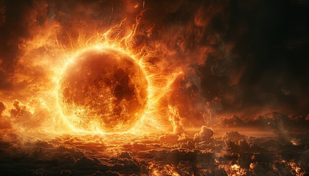 A space scene with a large orange sun in the center and a blue sky with clouds by AI generated image