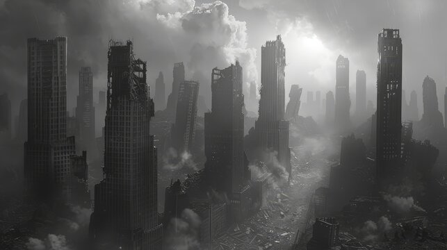   A monochrome image of a cityscape with smoke emerging from buildings and billowing in the air
