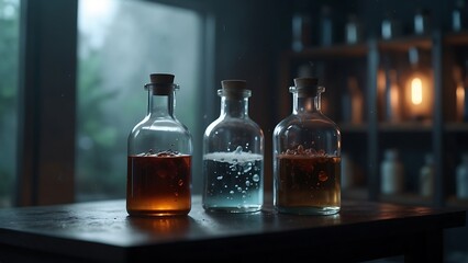 Laboratory Glassware and Equipment with Liquids for Science Experiments