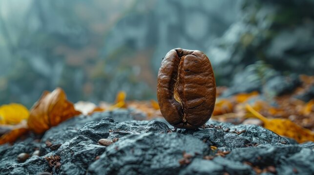   A tight shot of a morsel of food atop a rocky outcropping Surrounding greenery is depicted by leaves strewn across the ground, while an evoc