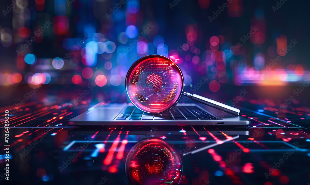Poster corporate data security analysis: laptop antivirus software, malware detection, database search with