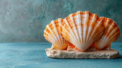   A tight shot of a seashell atop a rock, against a backdrop of a tranquil blue surface, and a distant wall - obrazy, fototapety, plakaty