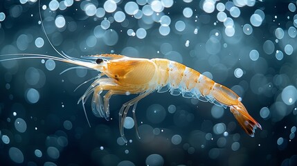   A tight shot of a shrimp submerged in water, surrounded by numerous bubbles rising in the background