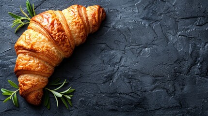   A croissant topped with a rosemary sprig on a black countertop