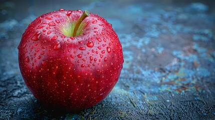   A red apple rests atop a rain-drenched table, its green leaf jutting out